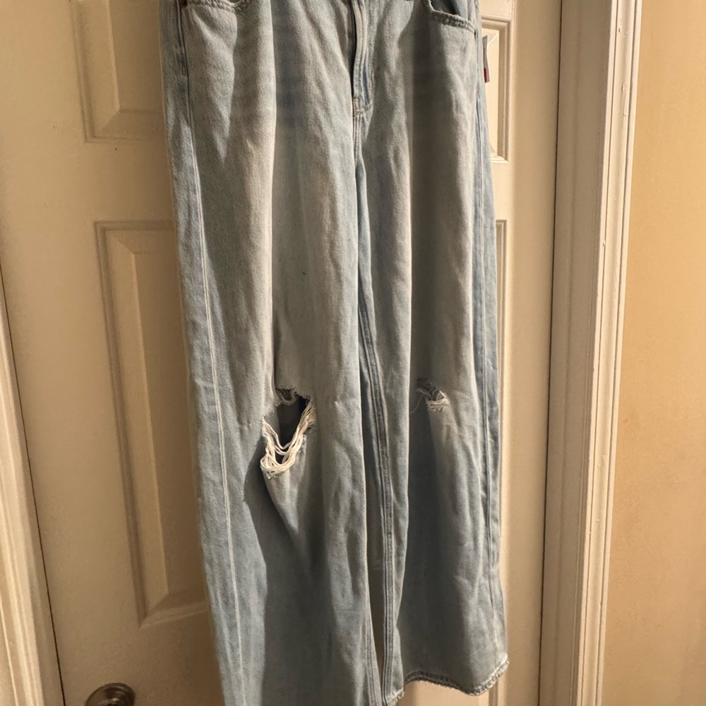 Light Blue Distressed Wide Leg Denim Jeans (Tall)